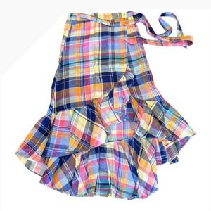 Polo Ralph Lauren Plaid Ruffle Wrap Skirt Midi Colorful Linen Blend Womens S